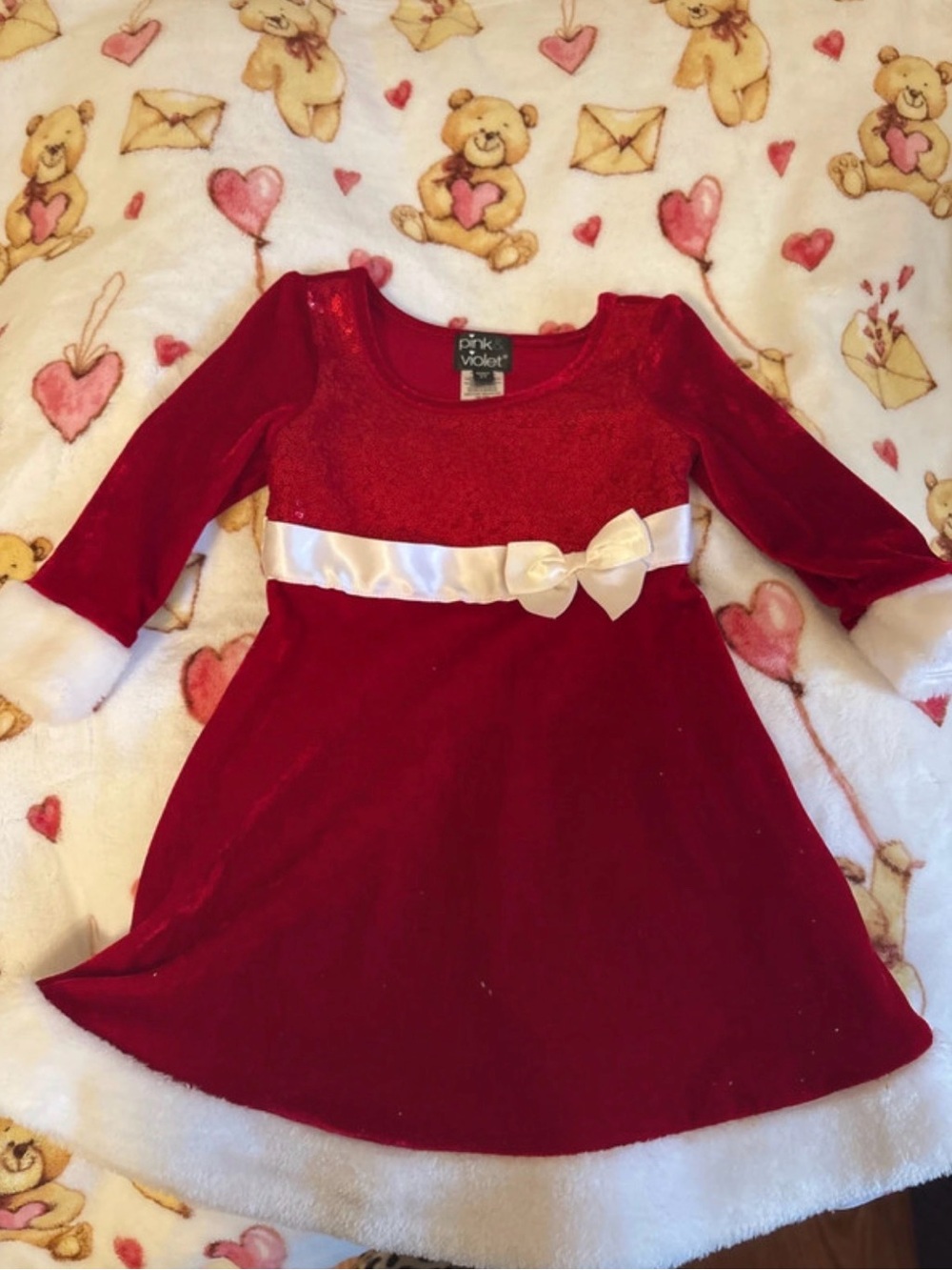 Pink Violet Girls' Red Velvet Dress with White Satin Bow